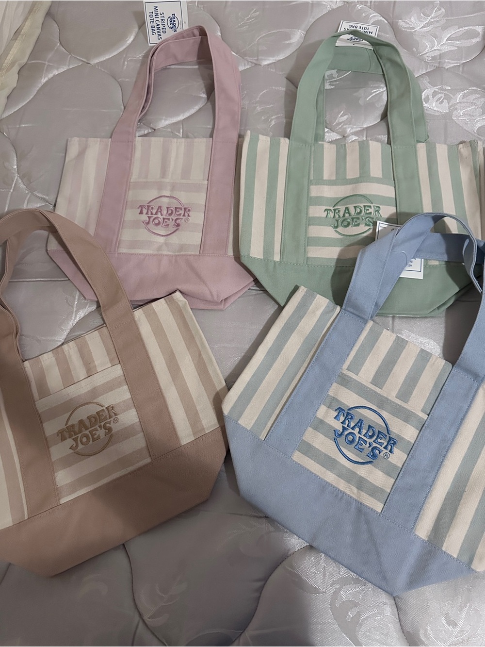 Trader Joe's Pastel Stripe Canvas Tote - Mint, Pink, Blue, Beige- 1 SET